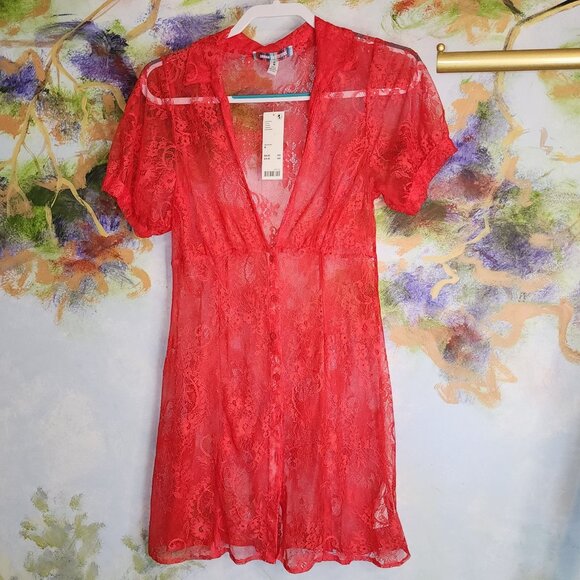 Urban Outfitters Red Button Up Lace Mini Dress M - Picture 1 of 7